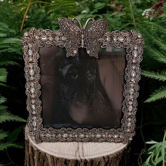 Butterfly Floral Picture Frame Ornate Metal Rhinestones Fairy Cottage Whimsigoth - Picture 1 of 16